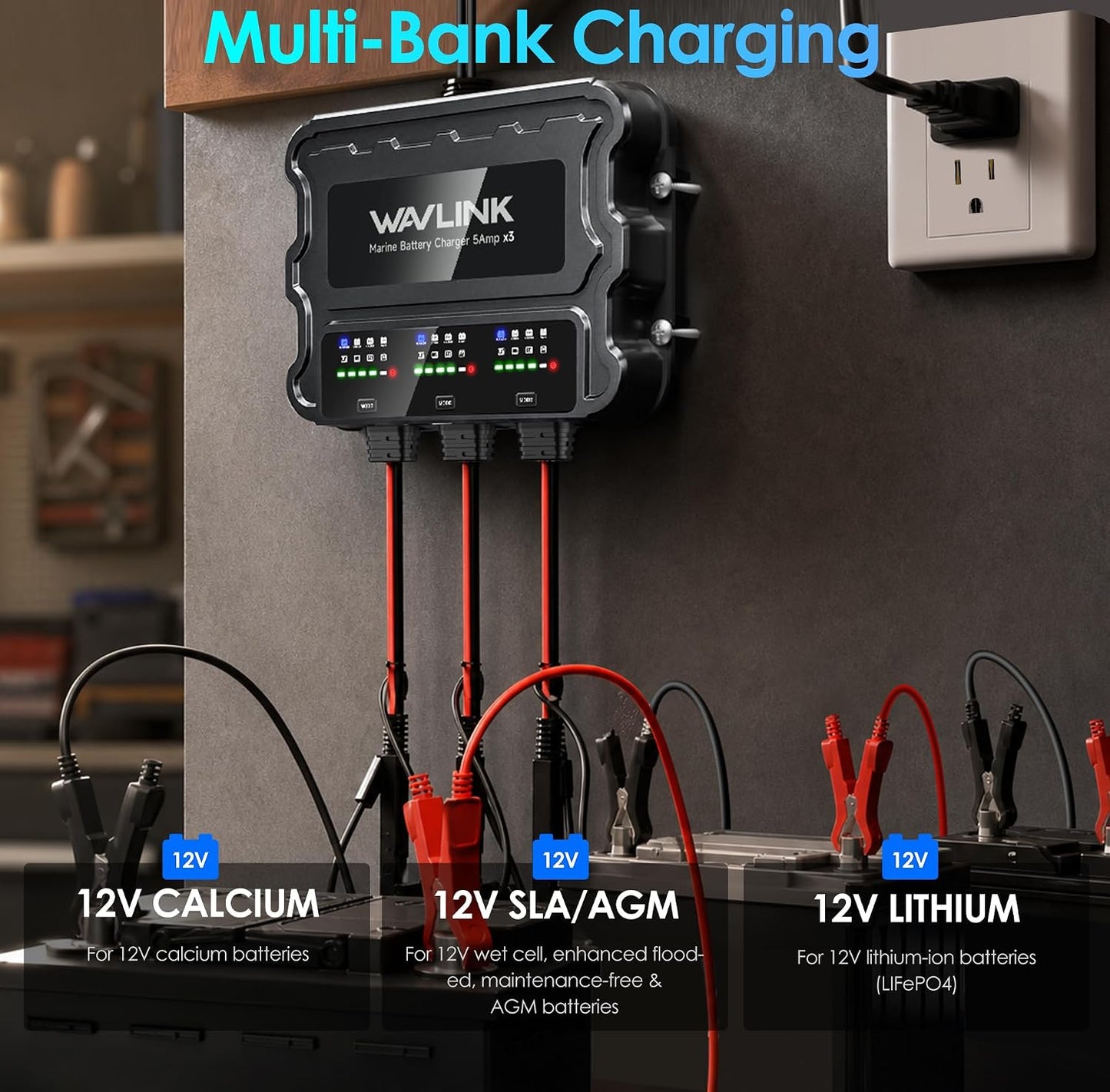 3 Bank 15A Marine Battery Charger 12V IP68 Onboard Battery Charger | 5A Per Bank, Multi-Stage Charging & Desulfating Repair, Multi-Protection, Compatible with SLA/AGM/LiFePO4/Calcium Batteries