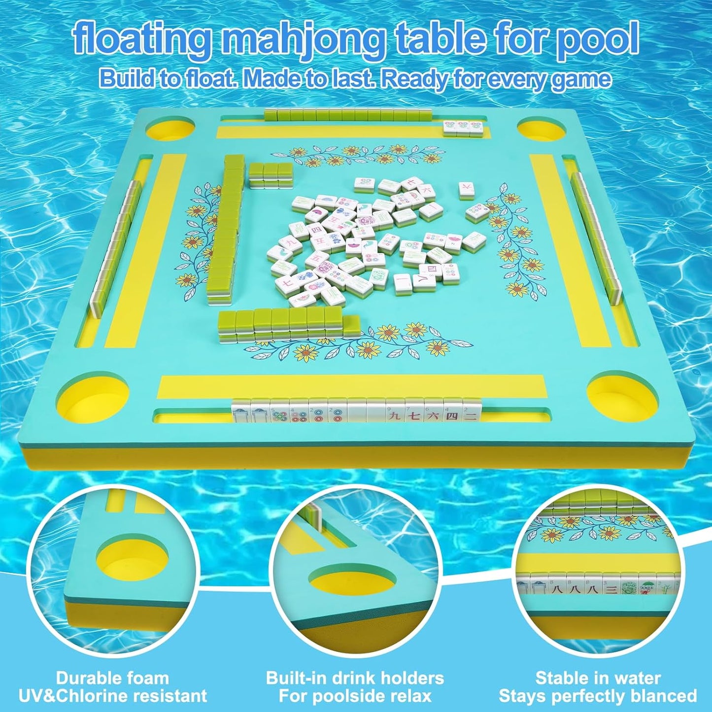 Floating Mahjong Table for Pool, Double-Sided Floating Mahjong Table with Tile Grooves & Cup Holders, Multi-Game Floating Mahjong Set for Pool for Mahjong, Poker & Dominoes