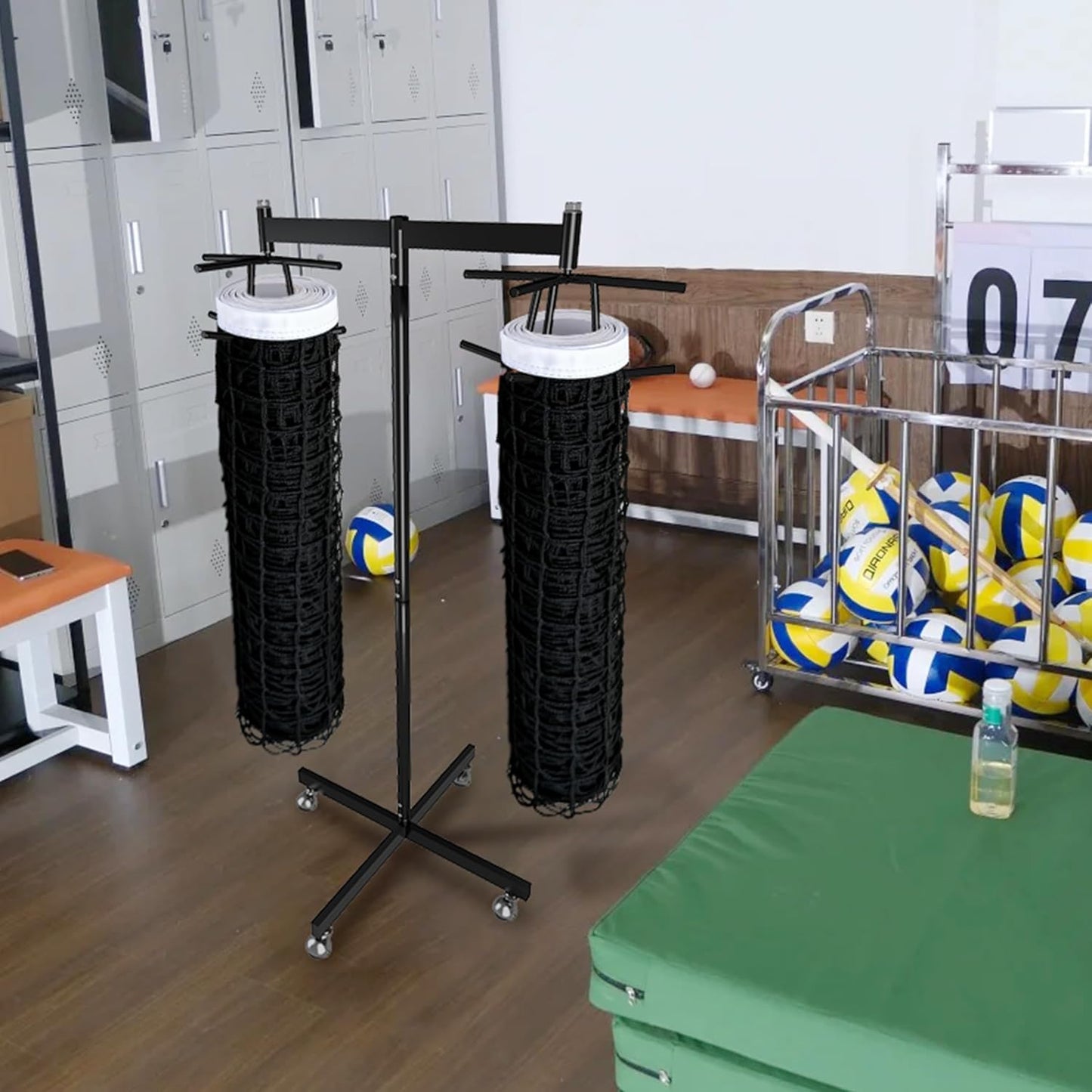 MR Movable Volleyball Net Storage Rack with Lockable Wheels, Professional Volleyball Equipment Net Storage for Gymnasium, Black Volleyball Net Support Rack for School Double Net