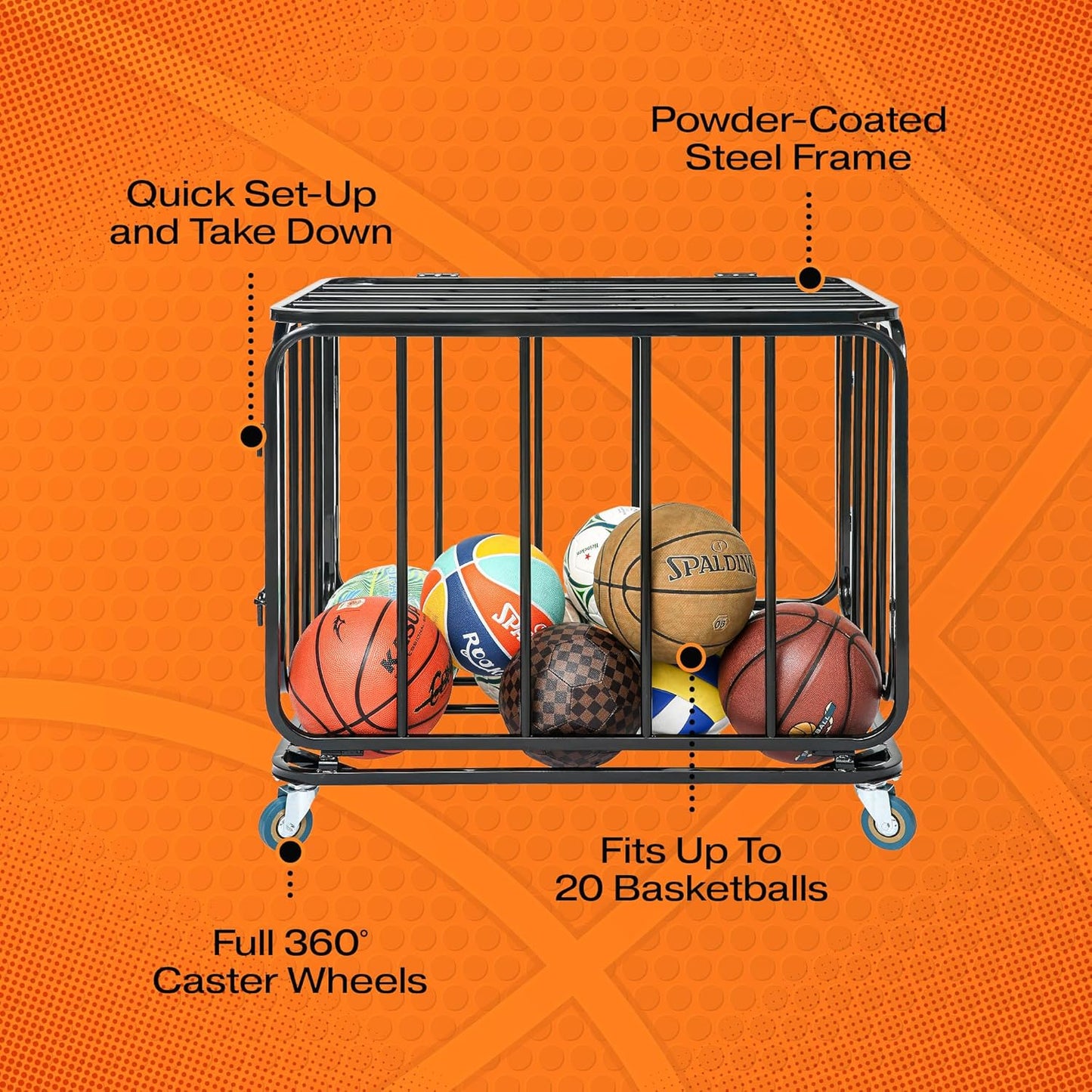 Houseables Ball Storage Cart, Ball Cart with Wheels, Black Metal Ball Organizer Cage, Ball Holder, Up to 20 Basketball Capacity Without Cover