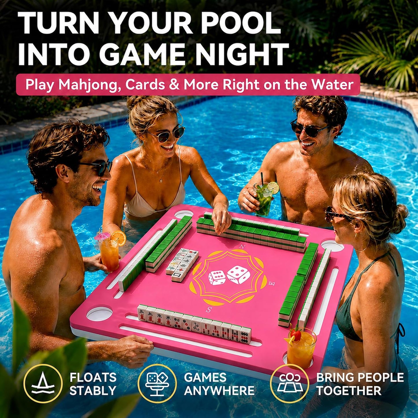 Double-Sided Floating Mahjong Table for Pool, Beach, Camping, Hot Tub, Party, Indoors