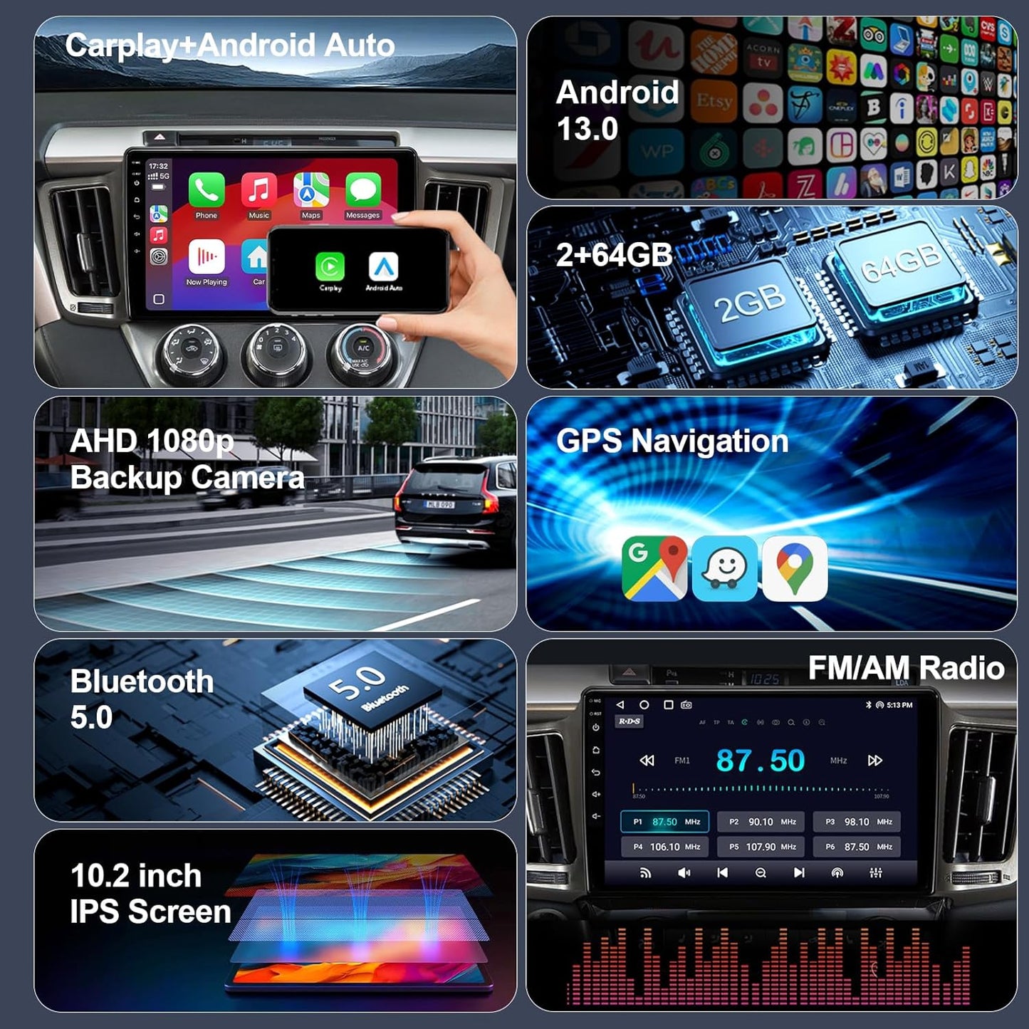 10.2'' 64GB Car Radio Stereo Upgrade for Toyota RAV4 2013-2018, Plug and Play Android 13 Head Unit with Wireless Carplay/Android Auto/1080P Backup Camera/AM FM Radio 4 Core 2+64GB