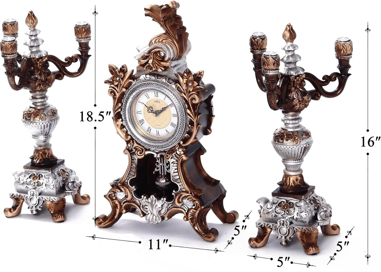 18.5H Rococo Style Pendulum Clock Mantel Clock with 2 Candelabra Candle Holders Baroque Resin Desk Clock Anniversay Clock for Living Room Bedroom