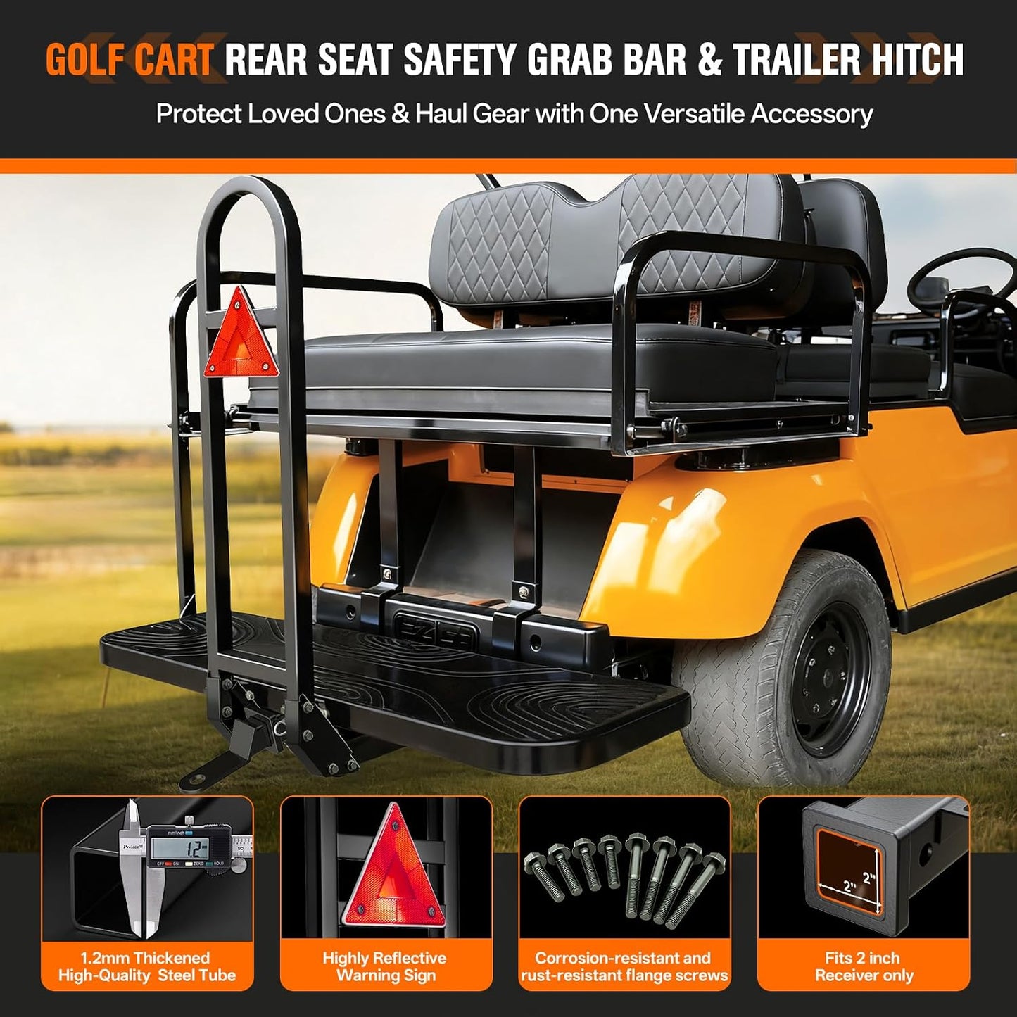 Golf Cart Trailer Hitch with Rear Seat Grab Bar, Fits Club Car EZGO Yamaha(2+2) /(4+2) Cart with Metal Footplates, Universal Golf Cart Safety Grab Bar & Tow Hitch, Detachable&Rust-Resistant | Detachable&Rust-resistant