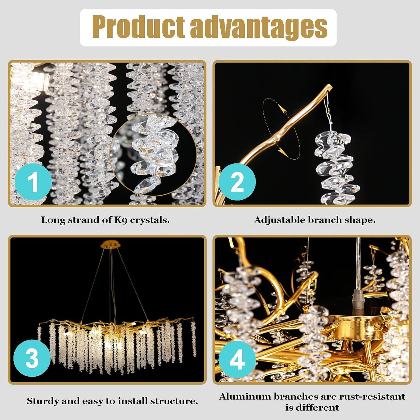 XYDikssn Adjustable Tree Branch Chandelier L43 Inch, Modern Luxury Gold Rectangular Crystal Chandeliers Long Tassel Hanging Light Fixture for Kitchen