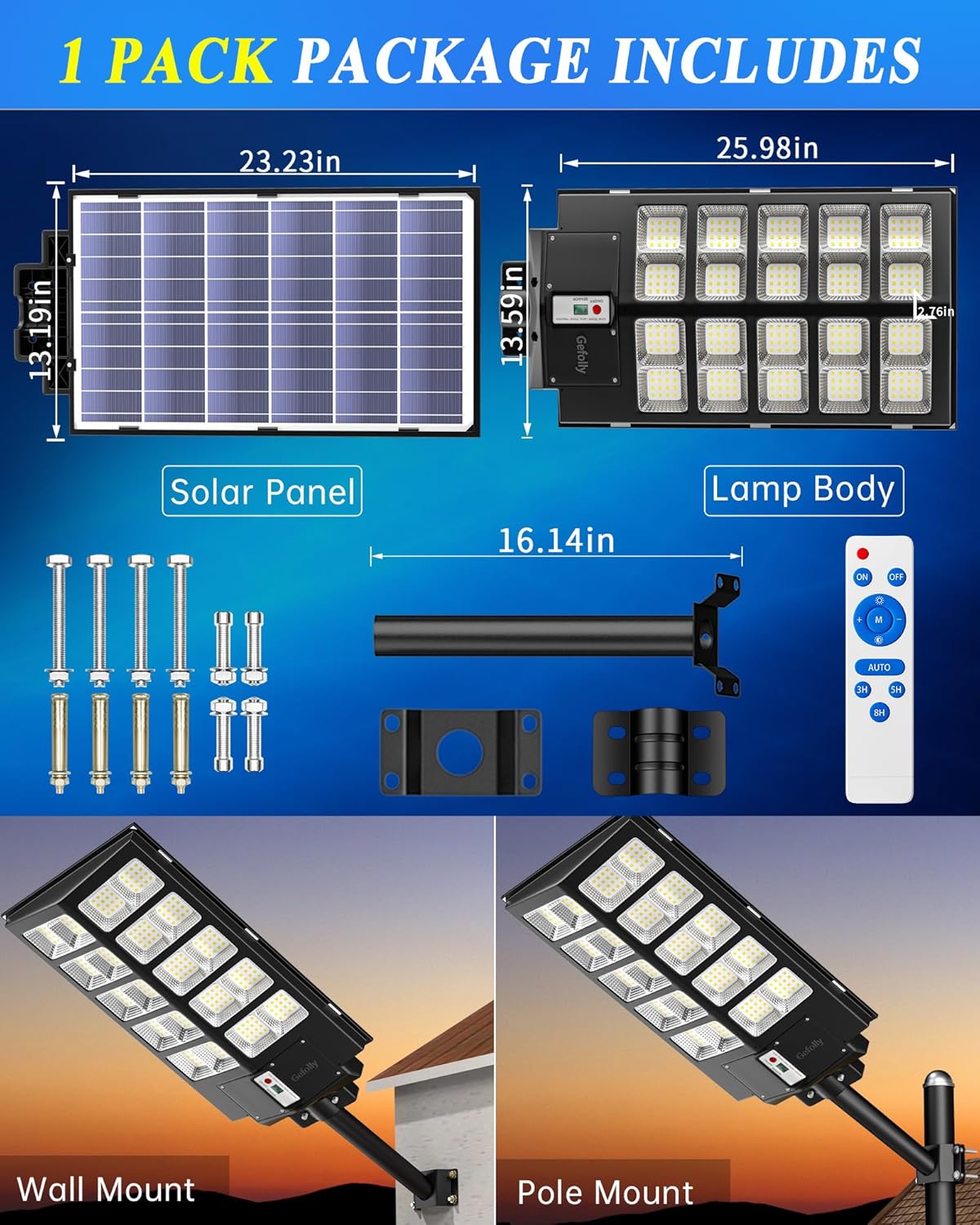 Gefolly 1600W Solar Street Lights Outdoor, 256000LM Commercial Parking Lot Light, 6500K Dusk to Dawn Solar Security Flood Lights Motion Sensor Solar