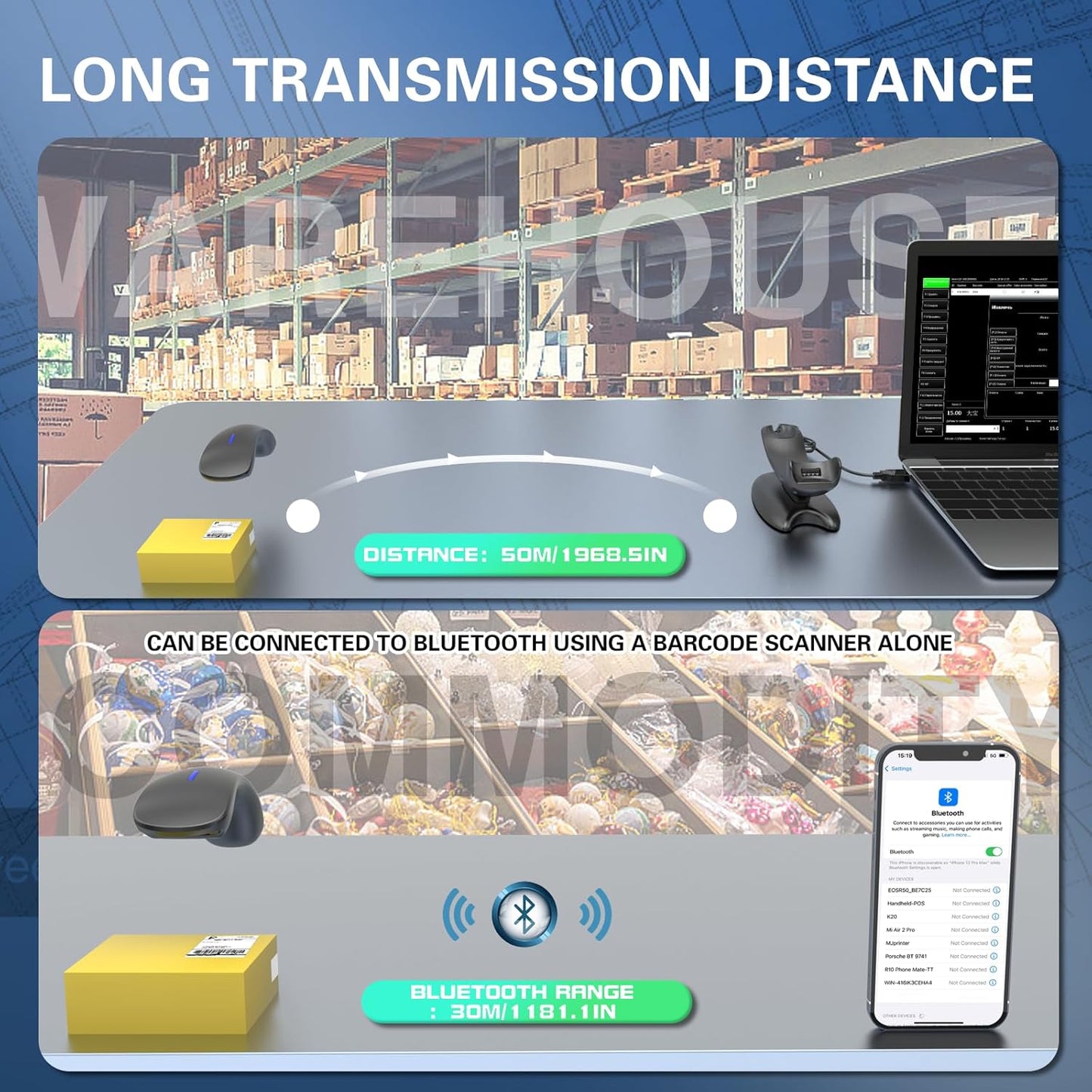 Upgraded 2D Bluetooth Barcode Scanner with Wireless Charging Stand, 1968 Feet Transmission Distance 433Mhz Wireless & Bluetooth 2in1 Barcode Reader with Hands-Free Stand