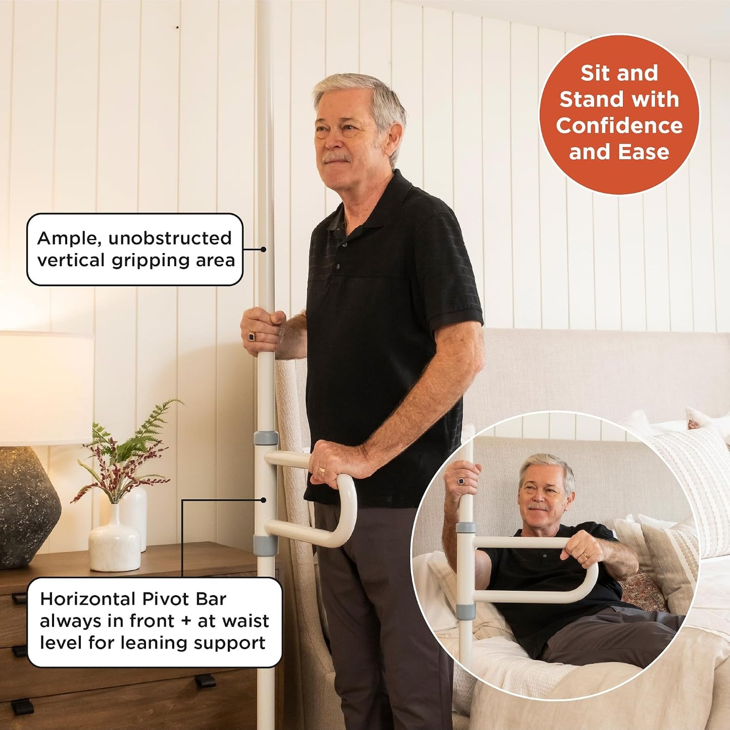 HEALTHCRAFT uPole with Pivot Bar Floor to Ceiling Transfer Pole (7-10FT) | No-Drill Grab Bar, 8 positions Pivot Bar, 360° Support for Bath Transfers