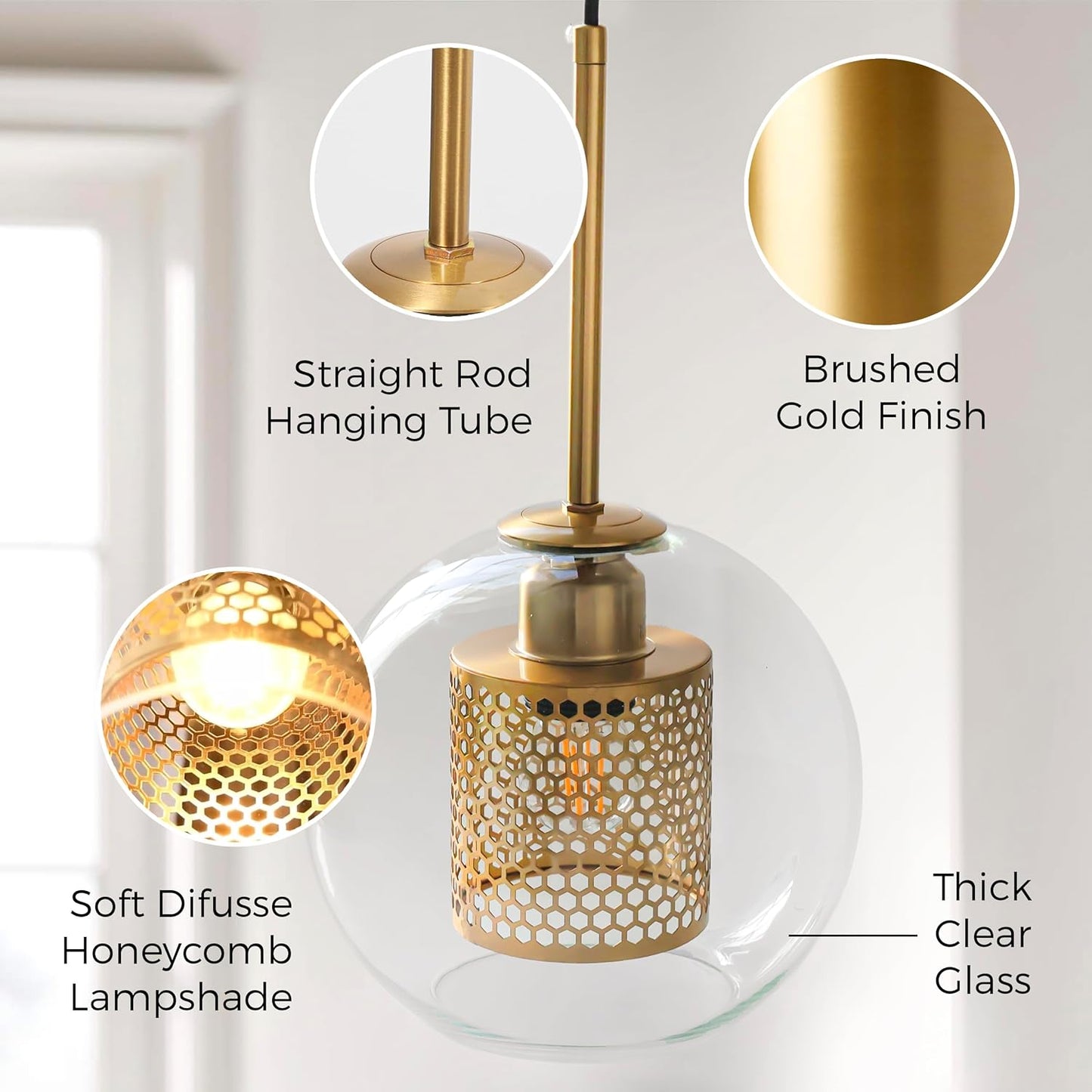 Gold Pendant Light Set of 2 - Adjustable Height Island Lights for Kitchen, Luxurious Antique Globe Pendant Lighting