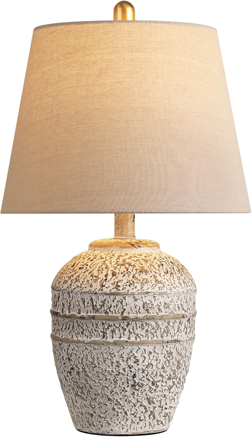 Rustic Farmhouse Table lamp for Living Room Bedroom, Modern Ceramic Bedside Lamp with Linen Shade, Grey