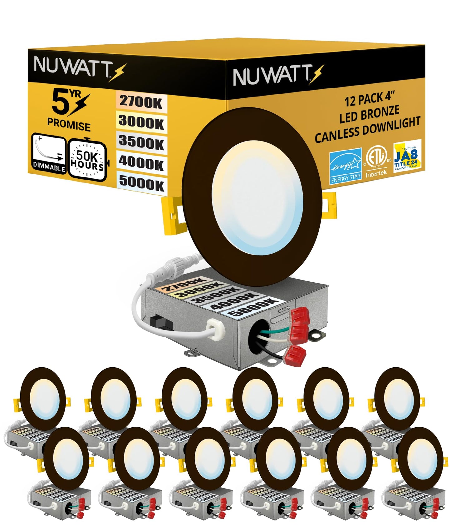 NUWATT 12 Pack 4 Inch Ultra-Thin Bronze LED Recessed Lighting, 5CCT 2700K/3000K/3500K/4000K/5000K Selectable, 630 Lumens, IC Rated, Dimmable Canless Wafer Light, Slim Panel Light, Metal J-Box, ETL