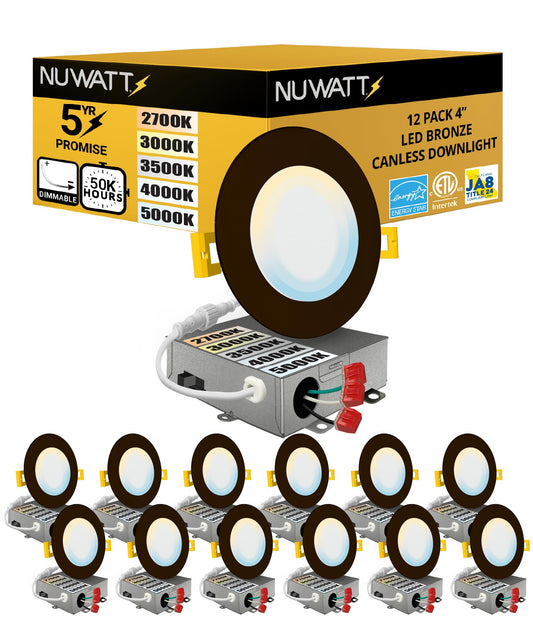 NUWATT 12 Pack 4 Inch Ultra-Thin Bronze LED Recessed Lighting, 5CCT 2700K/3000K/3500K/4000K/5000K Selectable, 630 Lumens, IC Rated, Dimmable Canless Wafer Light, Slim Panel Light, Metal J-Box, ETL