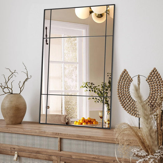 Black Rectangular Window Mirror, 31x47 Large Windowpane Wall Mirror, Window Pane Grid Mirror