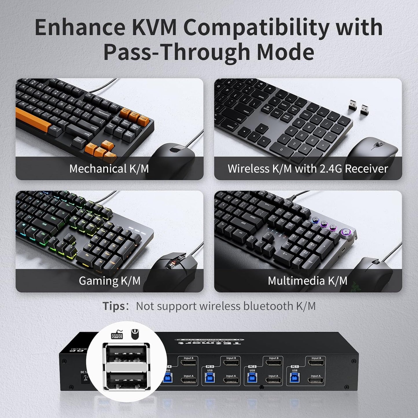 TESmart 4 Port KVM Switch Dual Monitor DisplayPort, 4K@60Hz USB 3.0 KVM Switch 4 Computers 2 Monitors, EDID emulators, Audio Output, Hotkey Switch,