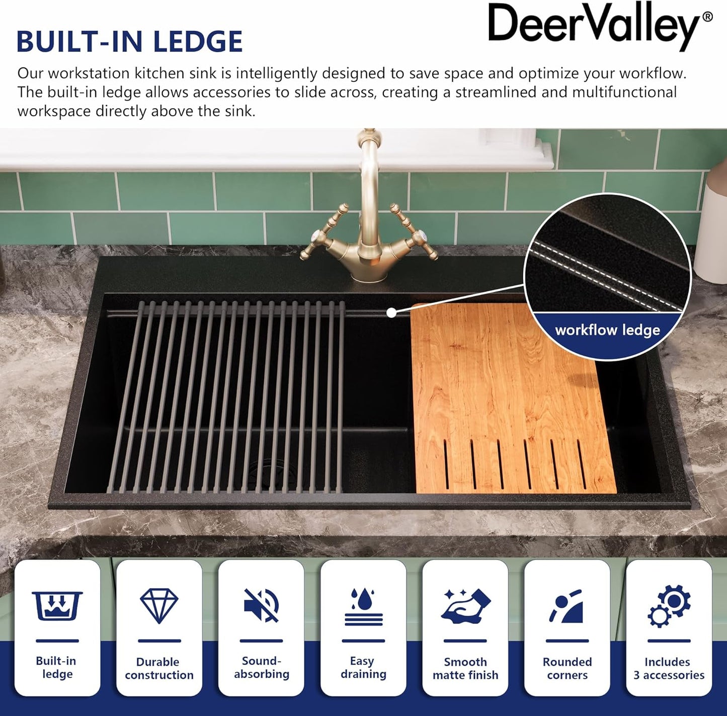 DeerValley Granite Composite Drop In Kitchen Sink - 33 x 22 inch Double Bowl Kitchen Sinks, Large Top Mount Kitchen Sink with Integrated Ledge, Matte