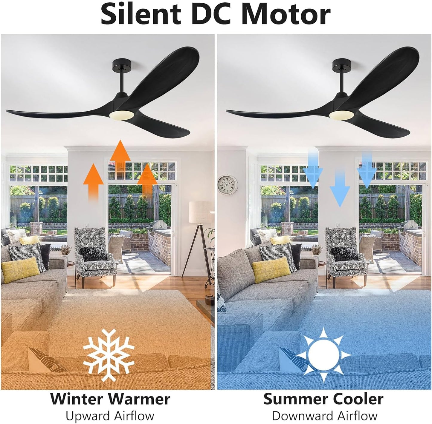 ABZ Ceiling Fans with Lights - 60 inch Propeller Ceiling Fan with Remote Control, 3 Blades Black Solid Wood Ceiling Fan for Indoor Outdoor Patio