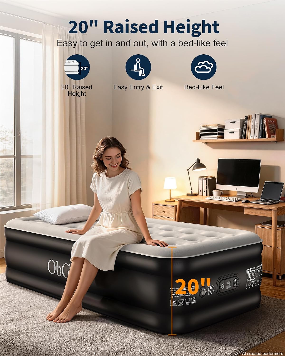 OhGeni 20" Raised Twin XL Air Mattress with Built in Pump, Inflatable Blow Up Mattress, Upgraded Surface Portable Bed for Home, Camping, Colchone Inflable, Ideal Sleep Solution for Guests, 500lbs Comfort Height 20'' Black Twin XL