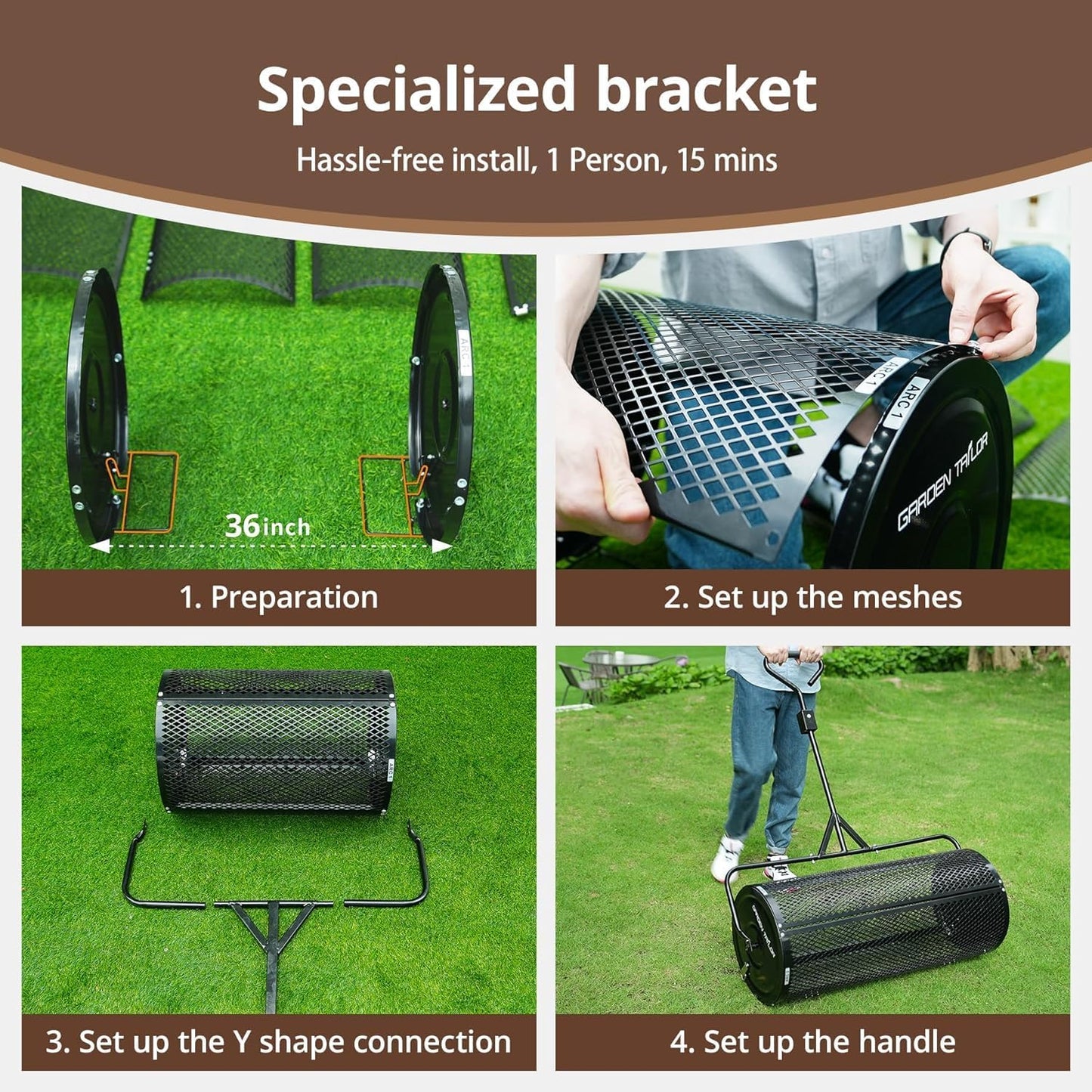 Garden Tailor Compost Spreader 44 Inch Towable Peat Moss Spreader with Installation Accessories, Metal Mesh Roller Lawn Spreader for Top Soil,