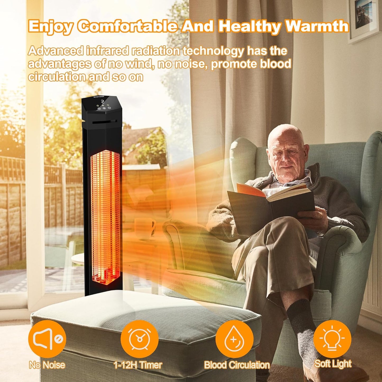 Patio Heater for Outdoor Use, 1500W Electric Space Heater Indoor, Portable Infrared Heater with Remote, 12H Timer, Waterproof, Tower Heater for Room,