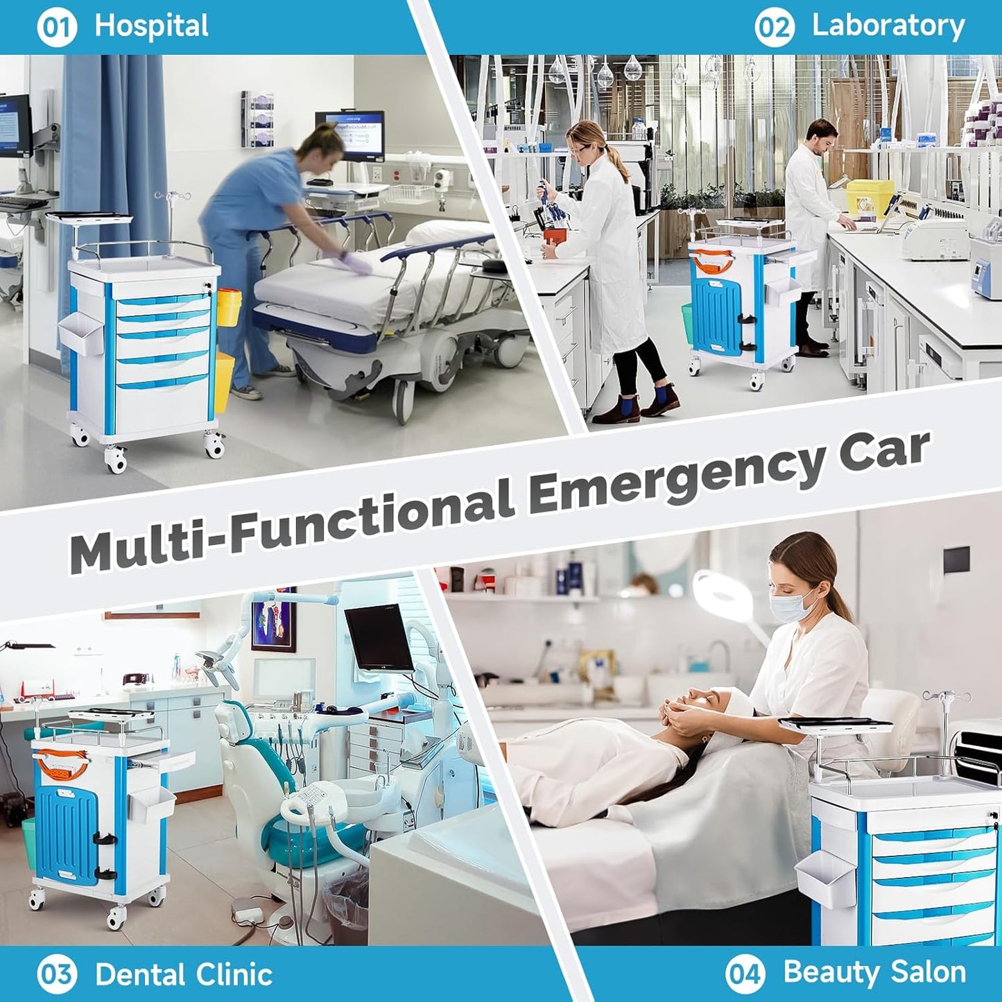Crash Cart Medical ABS Material, Medical Cart with Drawers, Adjustable IV Pole, Silent Casters, Trash Bins, O2 Holder, Needle Disposal Holder, CPR Board, Nursing Cart for Hospital Clinic 5 Drawers