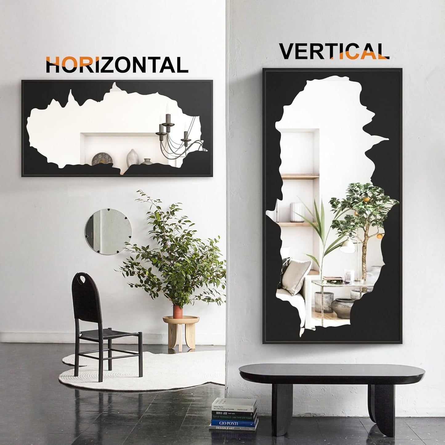 Full-Length Mirror Free Standing Leaning Mirror with Artistic Black Abstract Overlay Deco, 55&#34;x28&#34; Shatterproof Wall-Mounted Mirror, Perfect