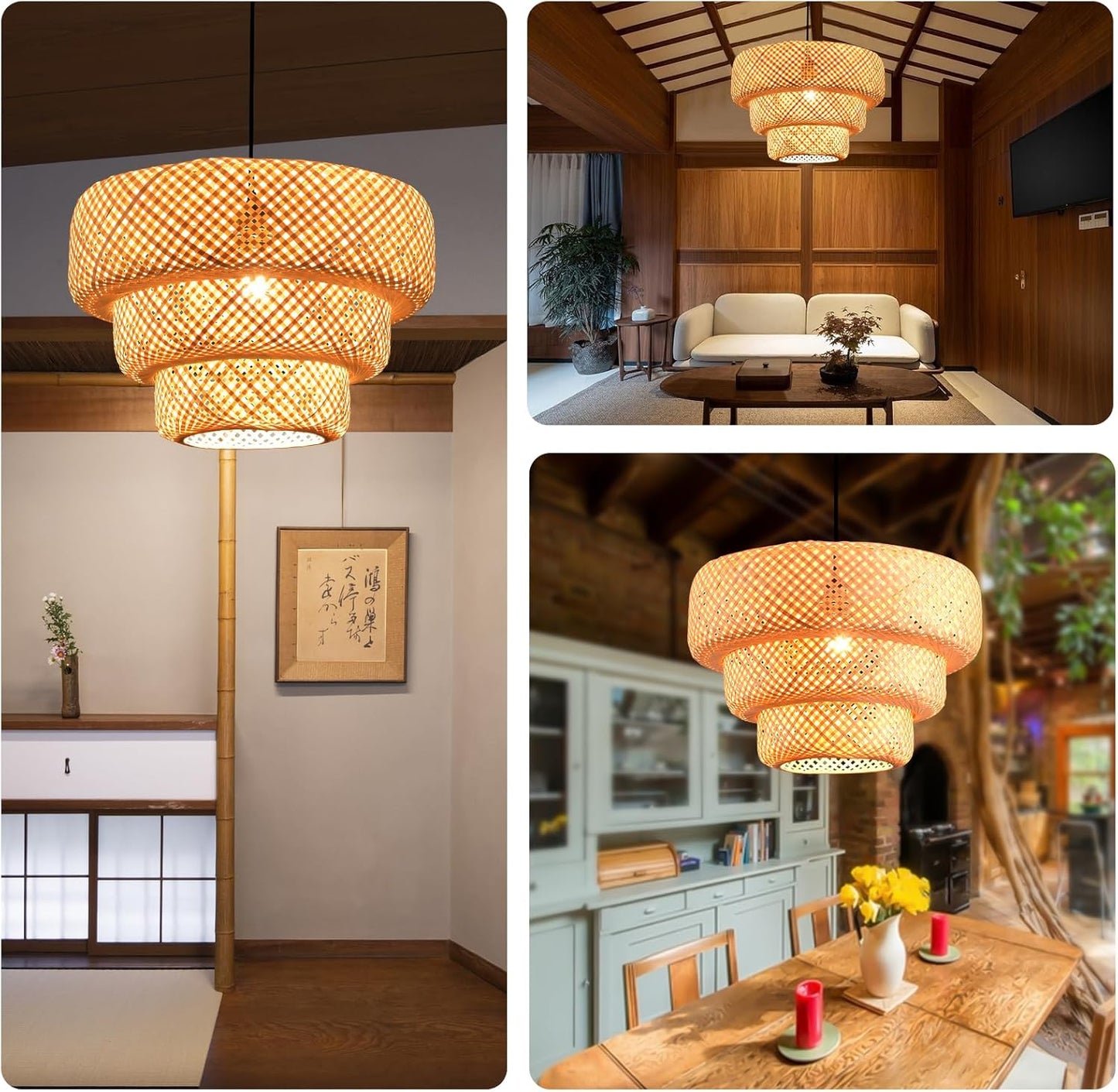 LHJIHFU Pendant Lights Kitchen Island with 3-Layer Bamboo Lamshape, Modern Bohemian Ceiling Hand Woven Bamboo Pendant Light Fixture for Living Room