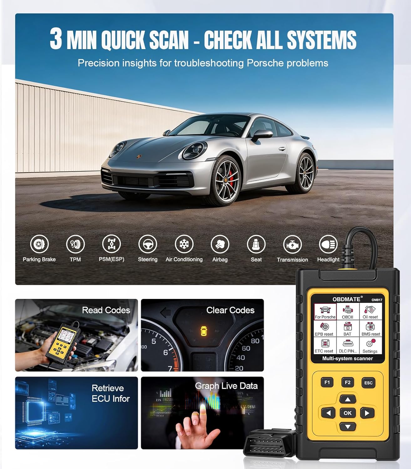 OBD2 Scanner for Porsche, OM817 Full System Diagnostic Tool, 10 Popular Reset Services, Read&Clear Codes, Auto VIN, Battery Test, One-Key I/M Readiness, No Subscriptions Lifetime Update