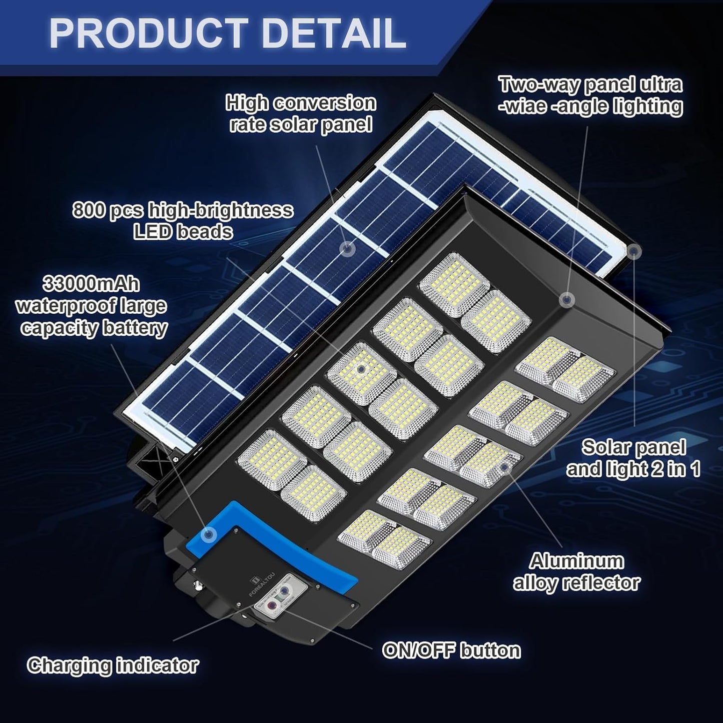 forealtou 1500W Solar Street Light Outdoor 8000K LED Solar Flood Light Dusk to Dawn, IP67 Waterproof 18000LM Solar Powered Outdoor Lights Motion