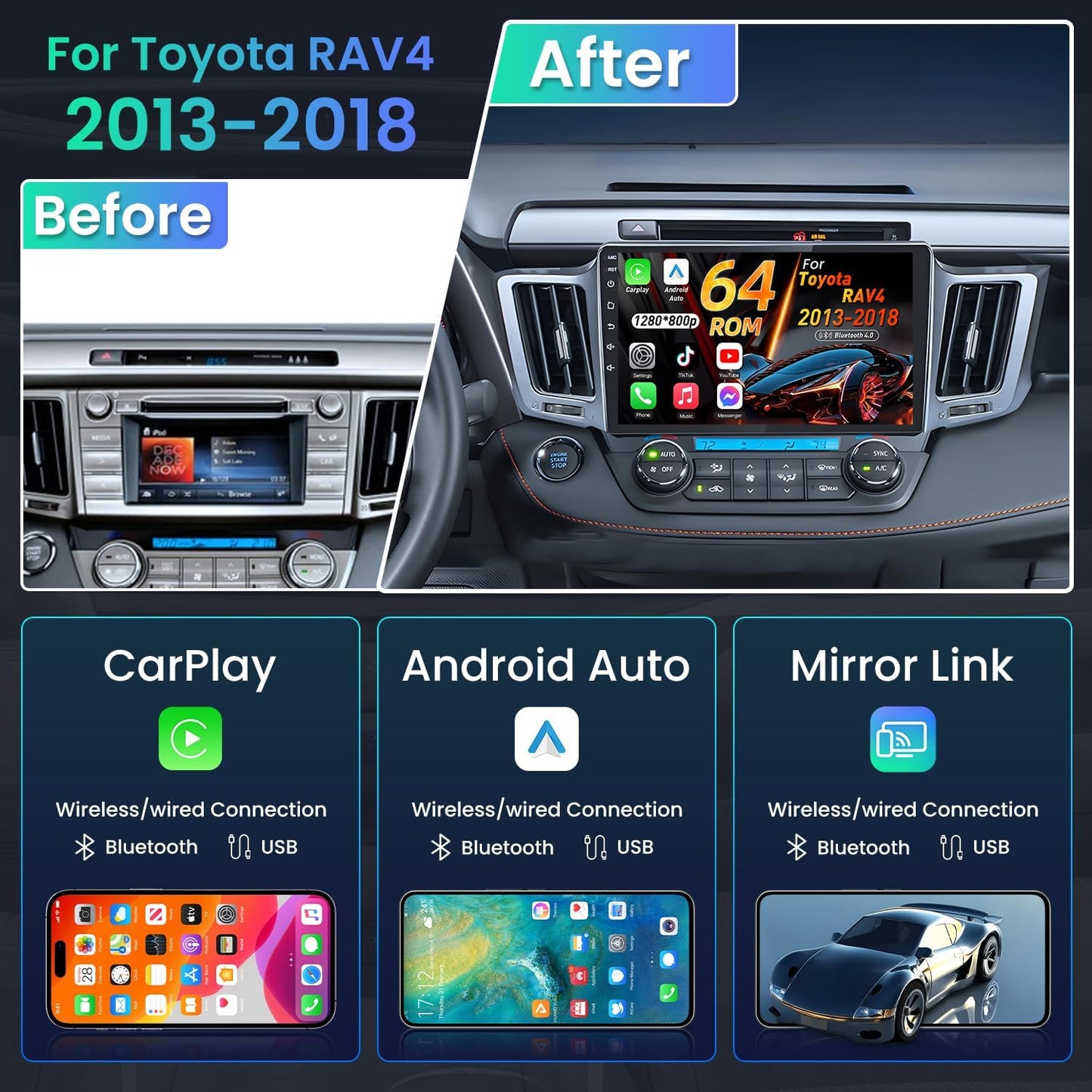 Car Radio for Toyota Rav4 2013-2018: 4Core 64G Upgrade 10.2 inch 1280x800 Touchscreen Stereo, Android Head Unit with Wireless Carplay & Android Auto, 5G WiFi GPS Bluetooth FM SWC Mic Backup Camera