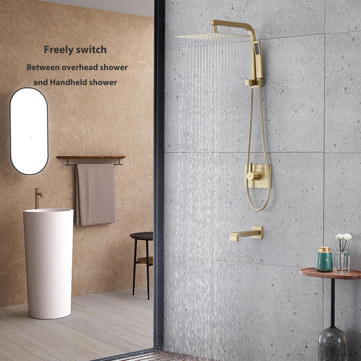 Gold Shower Faucet Set with 12 Inch Gold Shower Heads with Handheld Spray Combo and Tub Spout and Valve