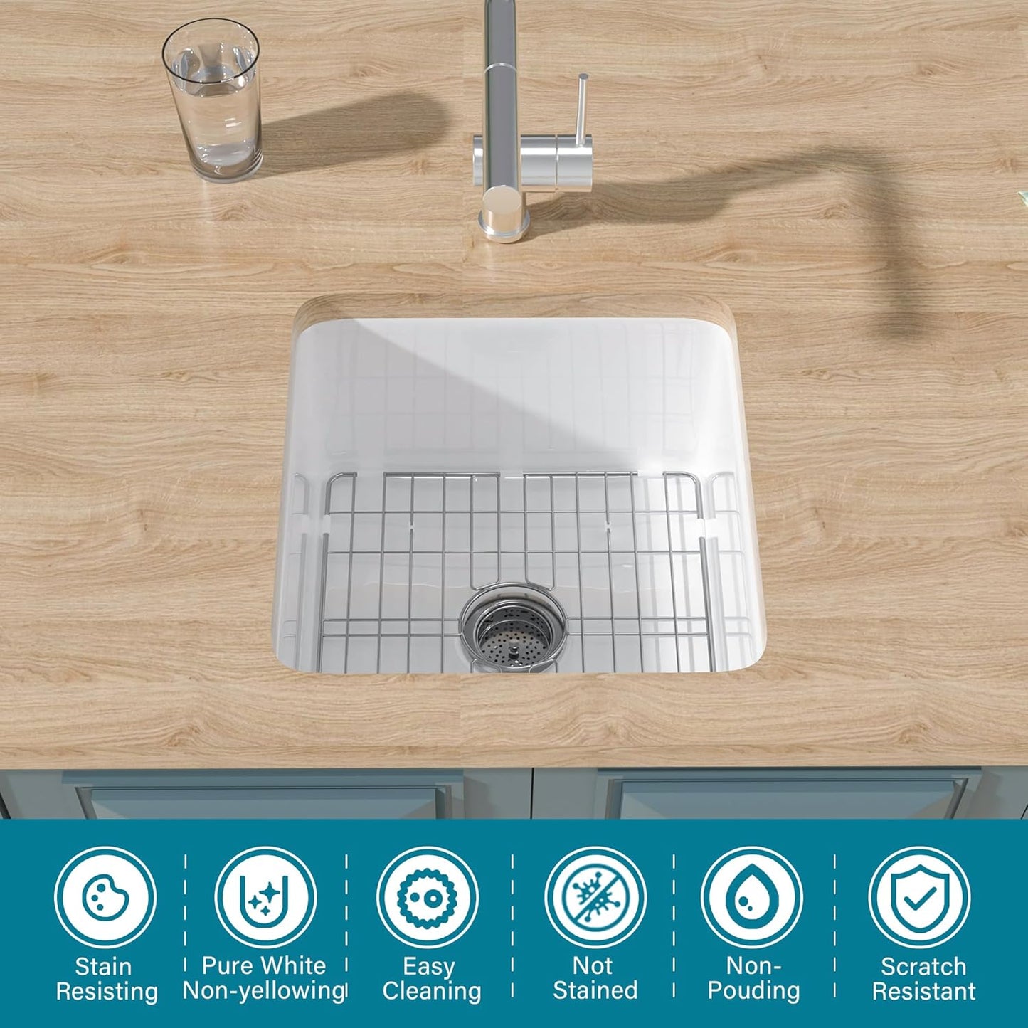 White Undermount Kitchen Sink 18 x 18 Inch, 9' High Small Wet Bar Sink Drop In, Fireclay Prep Sink Single Bowl,