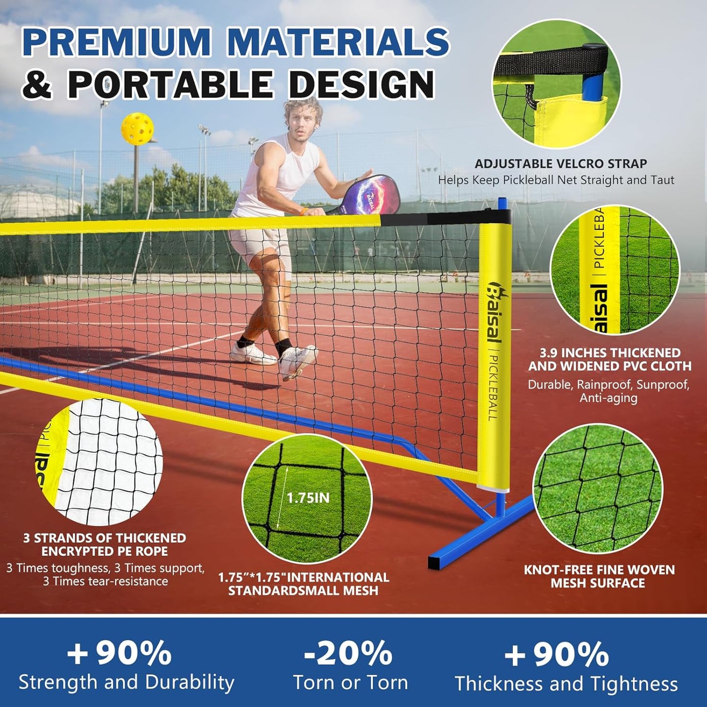 Baisal Pickleball Set with Net Portable Outdoor Indoor, 22FT Regulation Size Pickleball Net for Driveway with 4 Wooden Pickleball Paddles, 1 Pickle