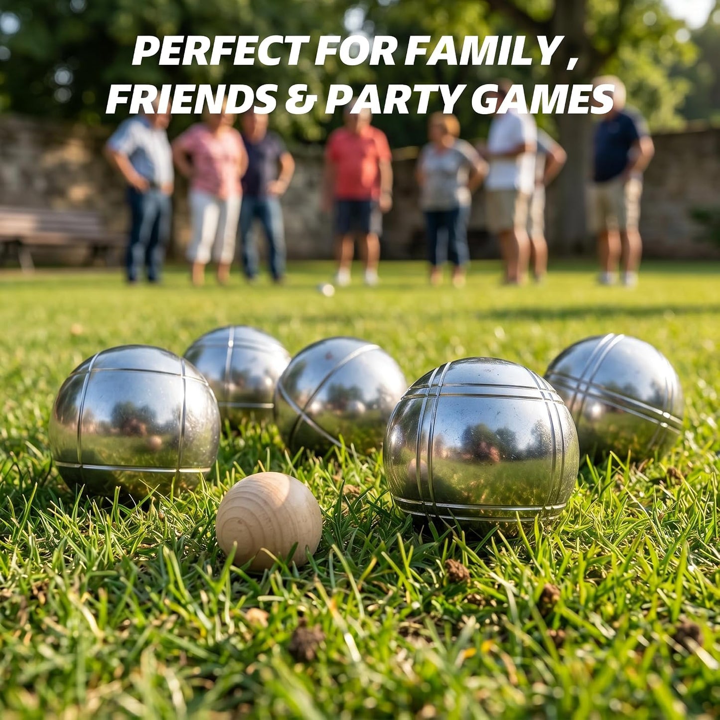 MR 73mm Metal Silver Bocce Ball Set with Carry Bag | 8 Metal Bocce Balls, Pallino Jack & Measuring Rope; Oxford Carry Bag; Lawn Beach Backyard Outdoor Game Kit