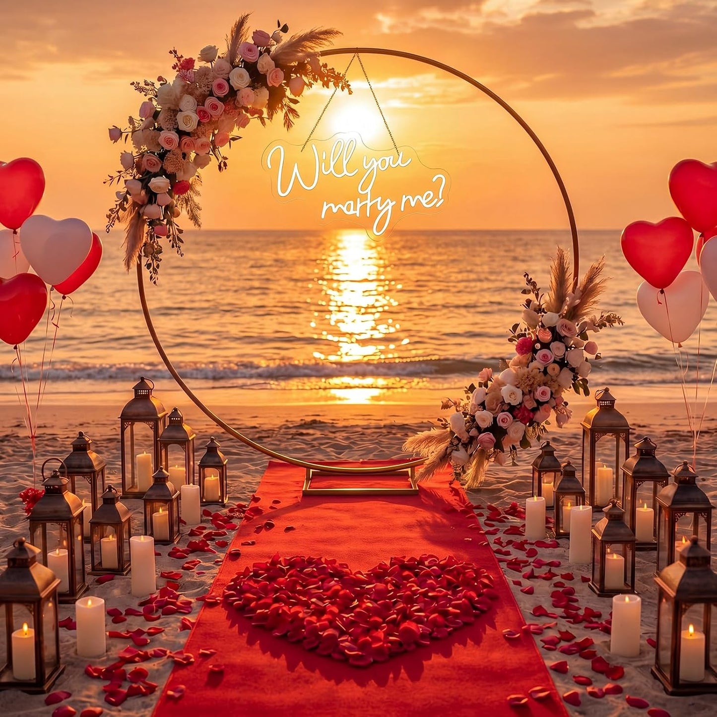 Will You Marry Me Sign 6.6 ft Large Metal Round Wedding Arch Stand Marry Me LED Neon Light Sign Proposal Decoration Red Carpet Aisle 4000pcs Rose Petals for Proposal Engagement Anniversary
