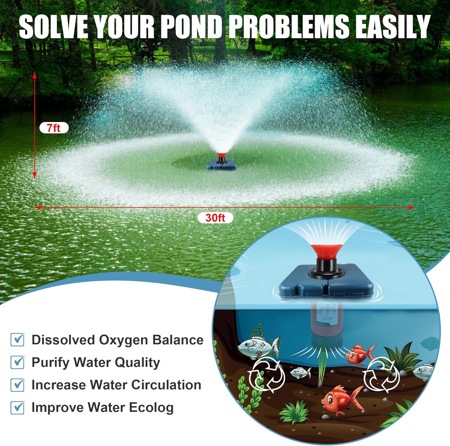 Goldlife Pond Fountain Aerator, 750 W 110 V 1 HP Floating Fountain With 100 Feet Power Cord, Aerating Fountain Pond Cas