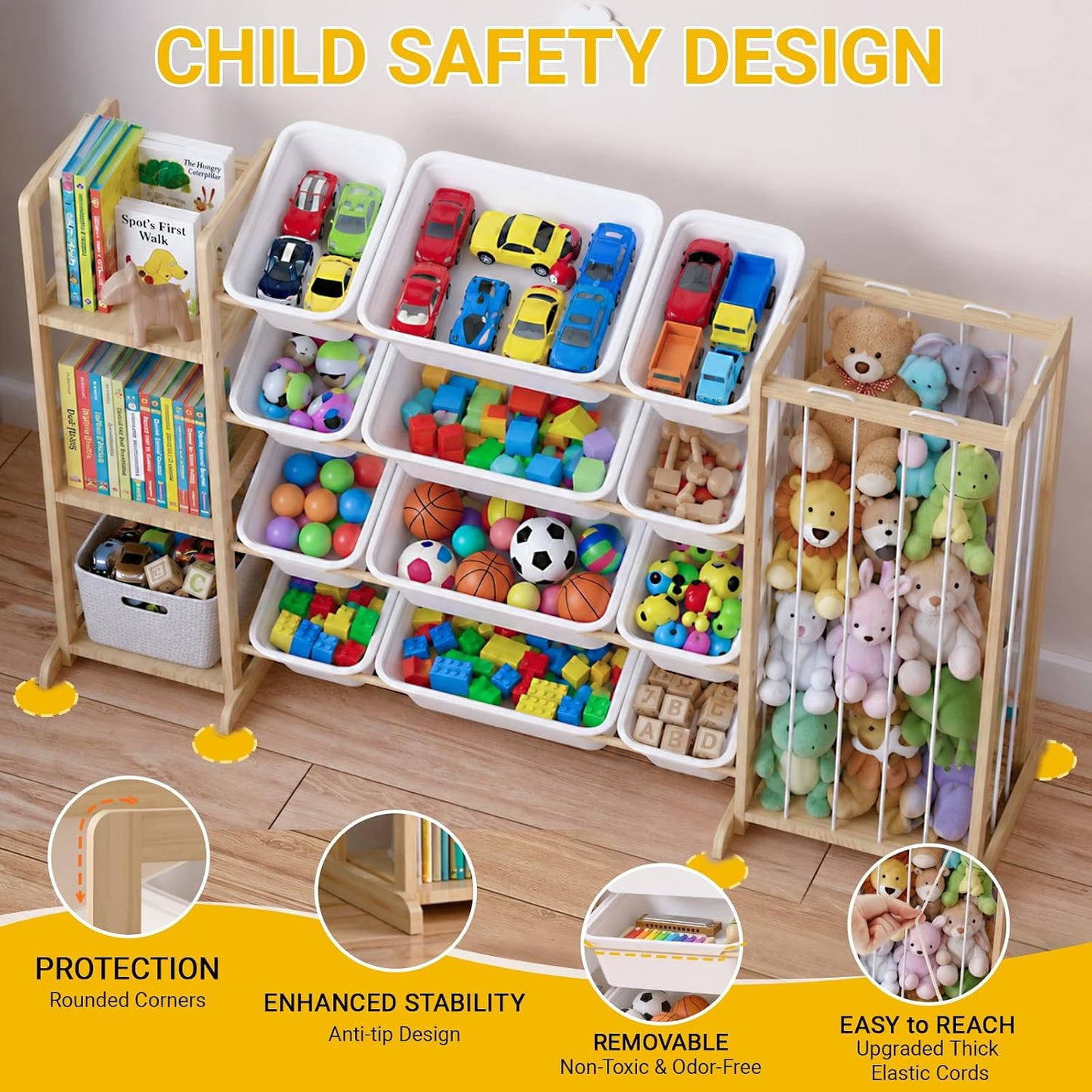 Toy Storage Organizer with Kids Bookshelf and Stuffed Animal Storage | Solid Wood Toy Shelf, Removable Toy Bins, Heavy Load Support, Large Stuffed Animal Holder, Toddler Kid Playroom Living Room