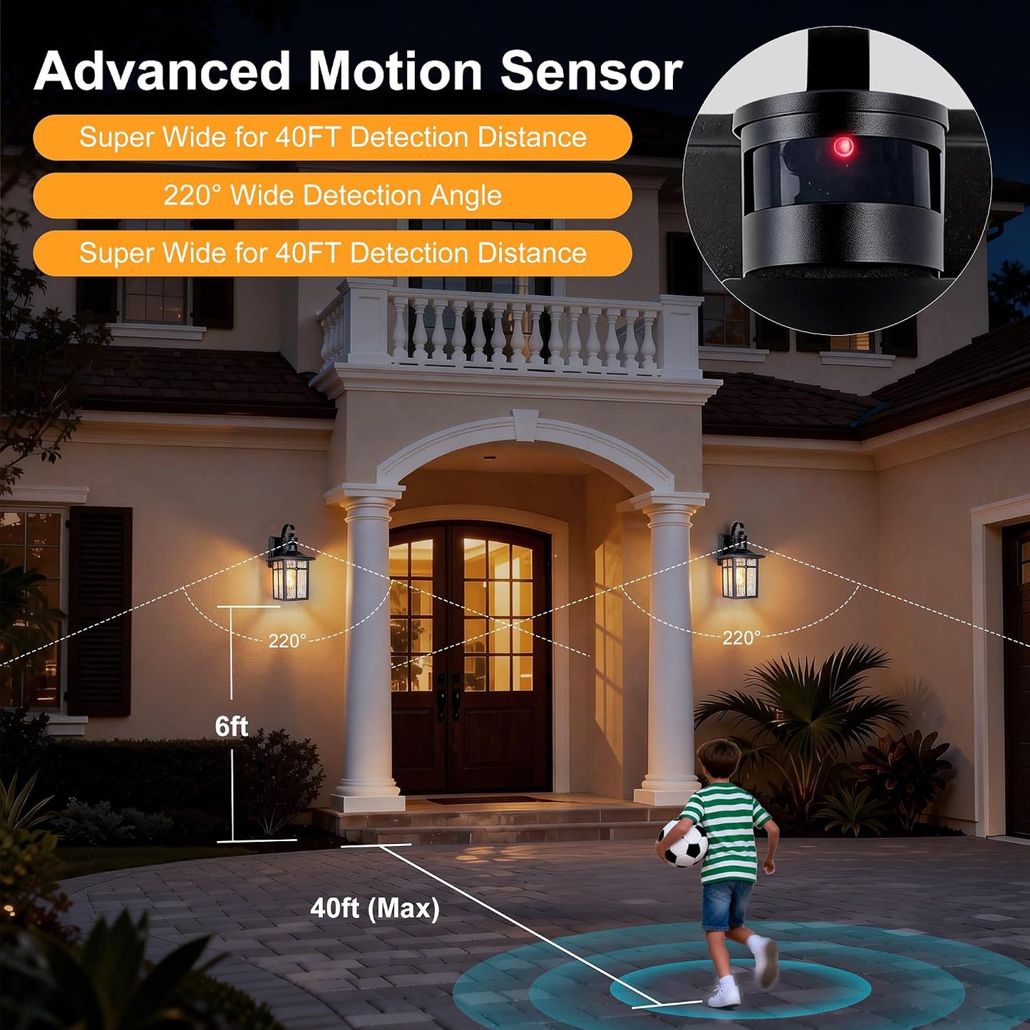 Aluminum Motion Sensor Outdoor Wall Sconces with Ripple Glass, 2P