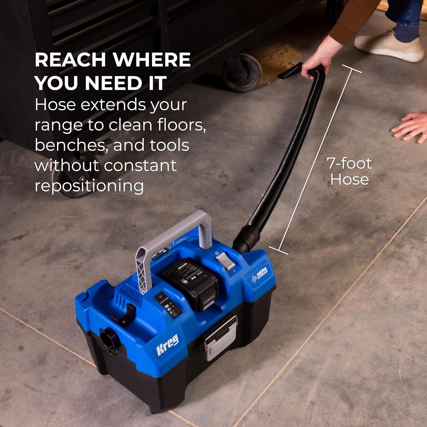 Kreg 20V Ionic Drive Wet/Dry Vac with HEPA Filter Kit - Cordless HEPA Shop Vacuum for Dust Collection, Debris & Liquid Cleanup - 50 CFM Suction - Blower Function - Includes 4Ah Battery and Charger