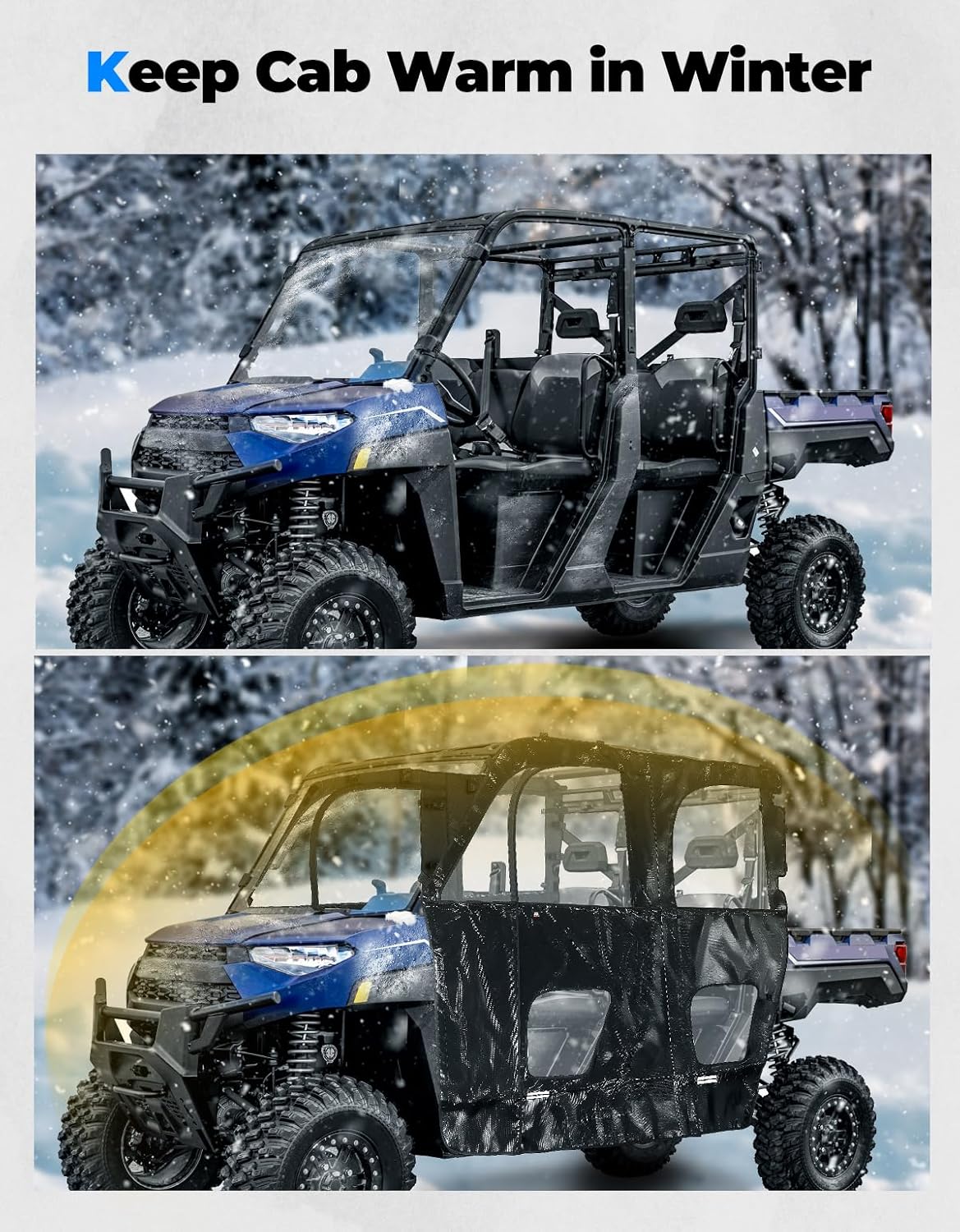 UTV Cab Enclosure Compatible with Polaris Ranger XP 1000 Crew 2019-2024, 2 Zipper Soft Upper Doors with Open Slot for Mirrors, Rolling Window, Water