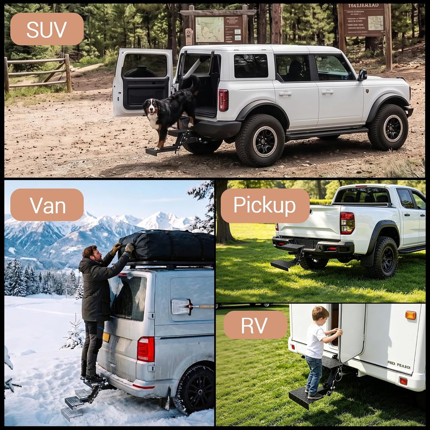 Anti-Loss Pin Hitch Step - Folding Truck Step with Safety Strap for 2" Receiver, 4-Level Adjustable Height Bumper Step for RV Trailer Pickup SUV Camper Van Access