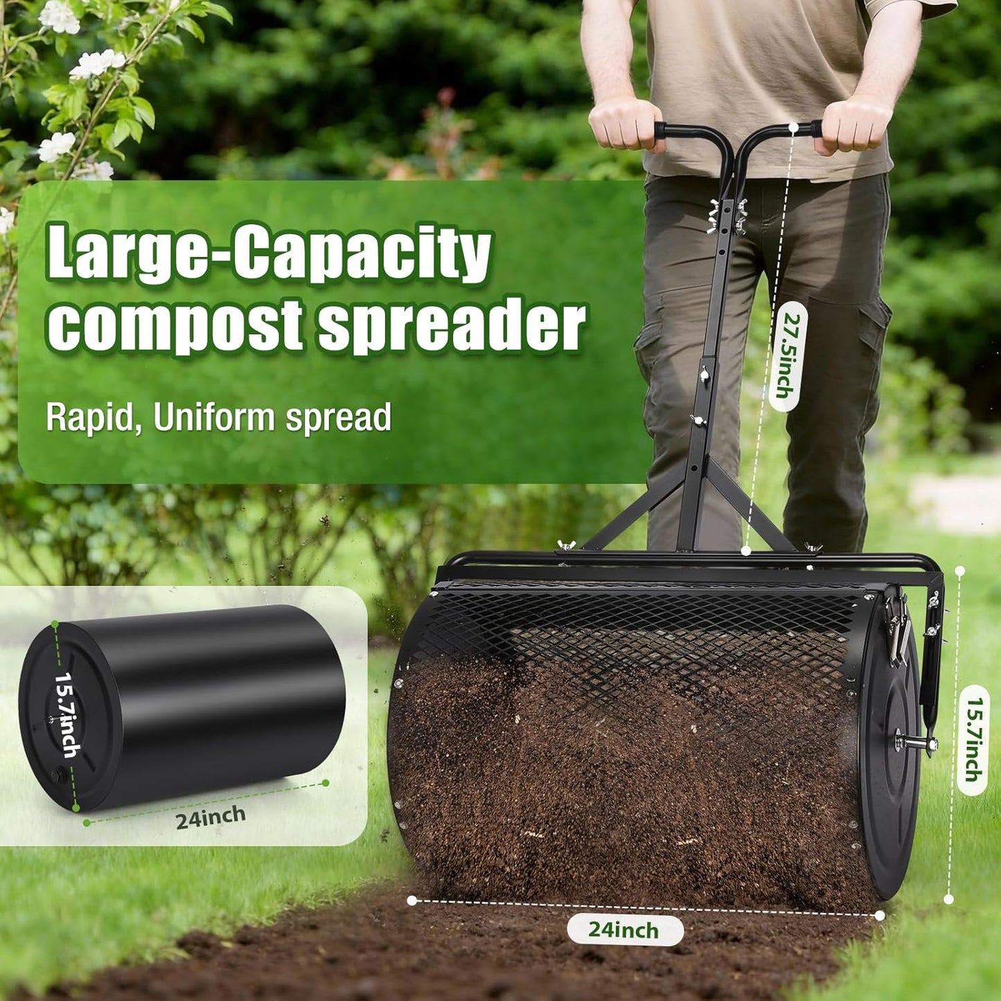 GADFISH 24 Inch Compost Spreader & Lawn Roller, Featuring One Wire Mesh Roller and One 23 Gallon Hollow Roller, Push & Tow Design, Suitable for Lawn Maintenance and Peat Moss Spreader