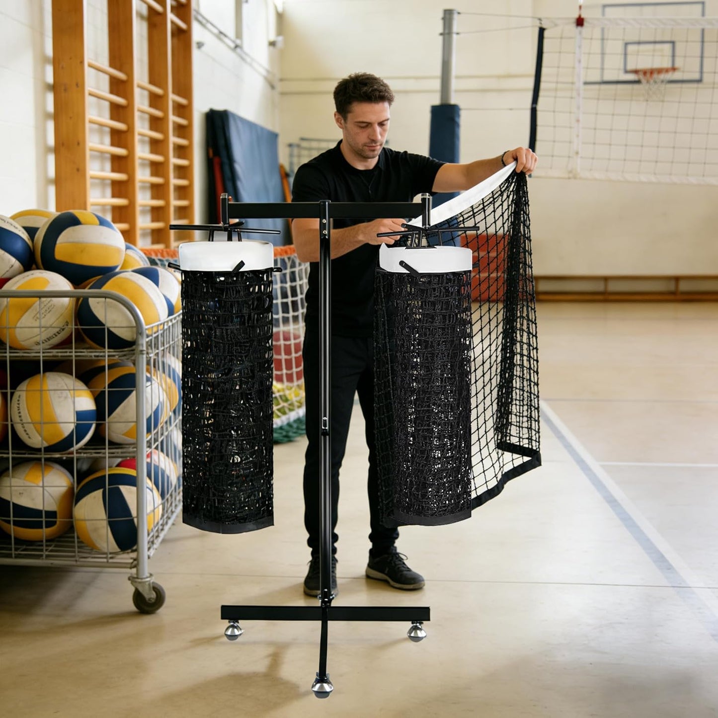 MR Movable Volleyball Net Storage Rack with Lockable Wheels, Professional Volleyball Equipment Net Storage for Gymnasium, Black Volleyball Net Support Rack for School Double Net
