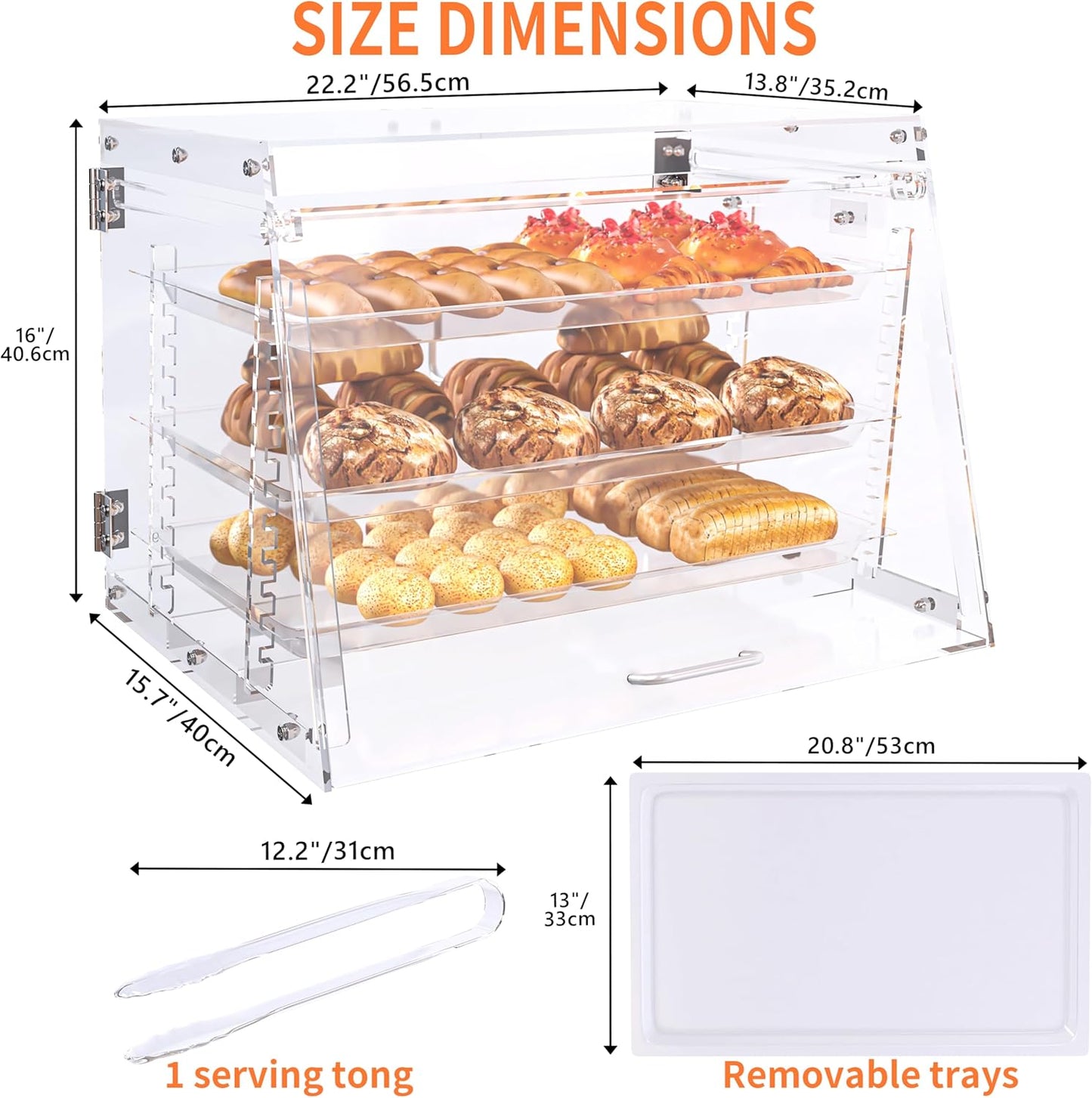 Commercial Countertop Bakery Display Case- 3 Tray Adjustable Pastry Display Case with Bread Tong - Clear Bread Box for Baking Enthusiasts for