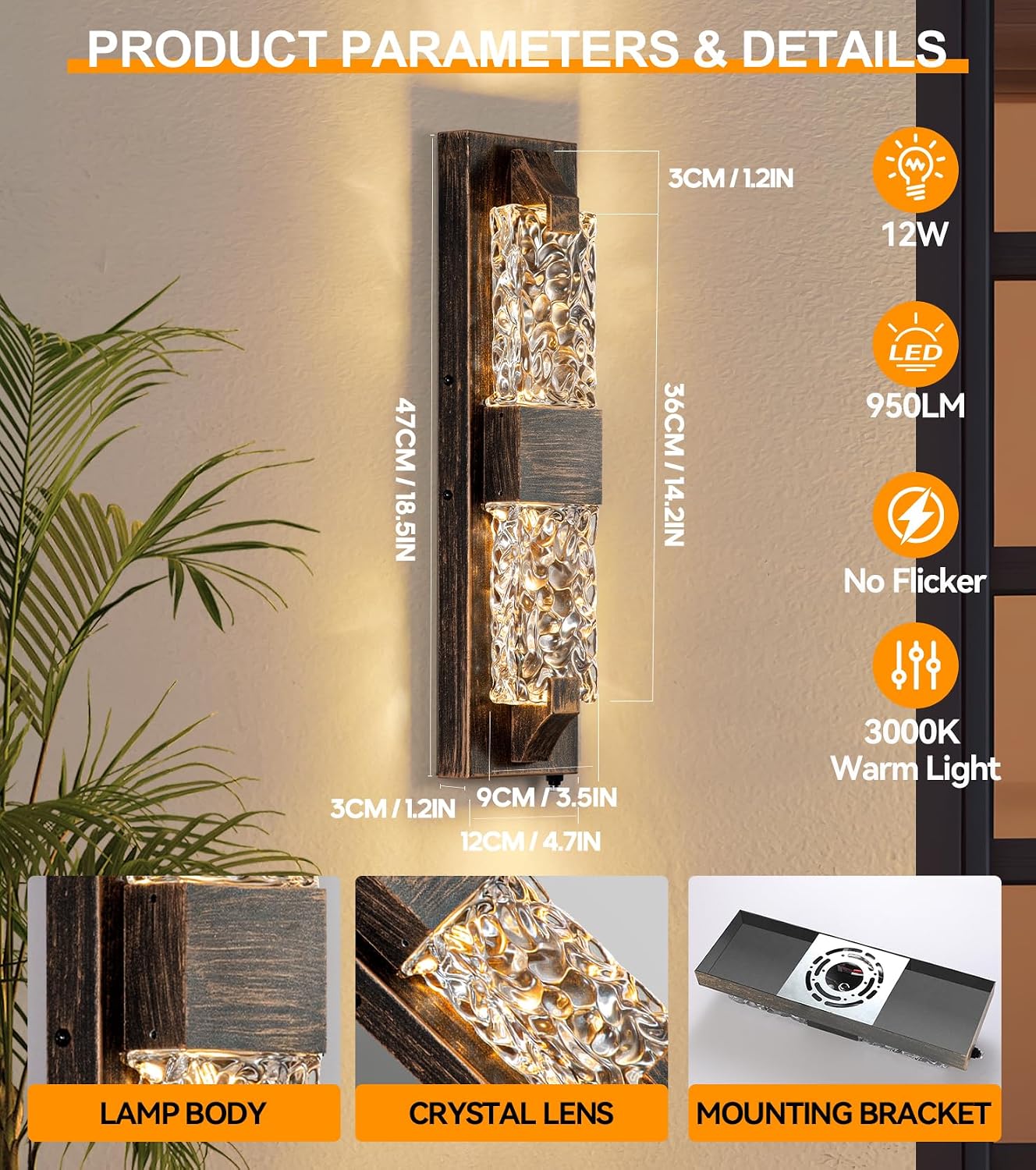 Dusk to Dawn Porch Lights, 18.5" Rustic LED Outdoor Wall Light 2 Pack | Rustic Wood-Grain,Crystal Glass Shade, IP65 Waterproof,12W 3000K Hardwired, Rust-resistant for Entryway/Garage/Patio/Doorway