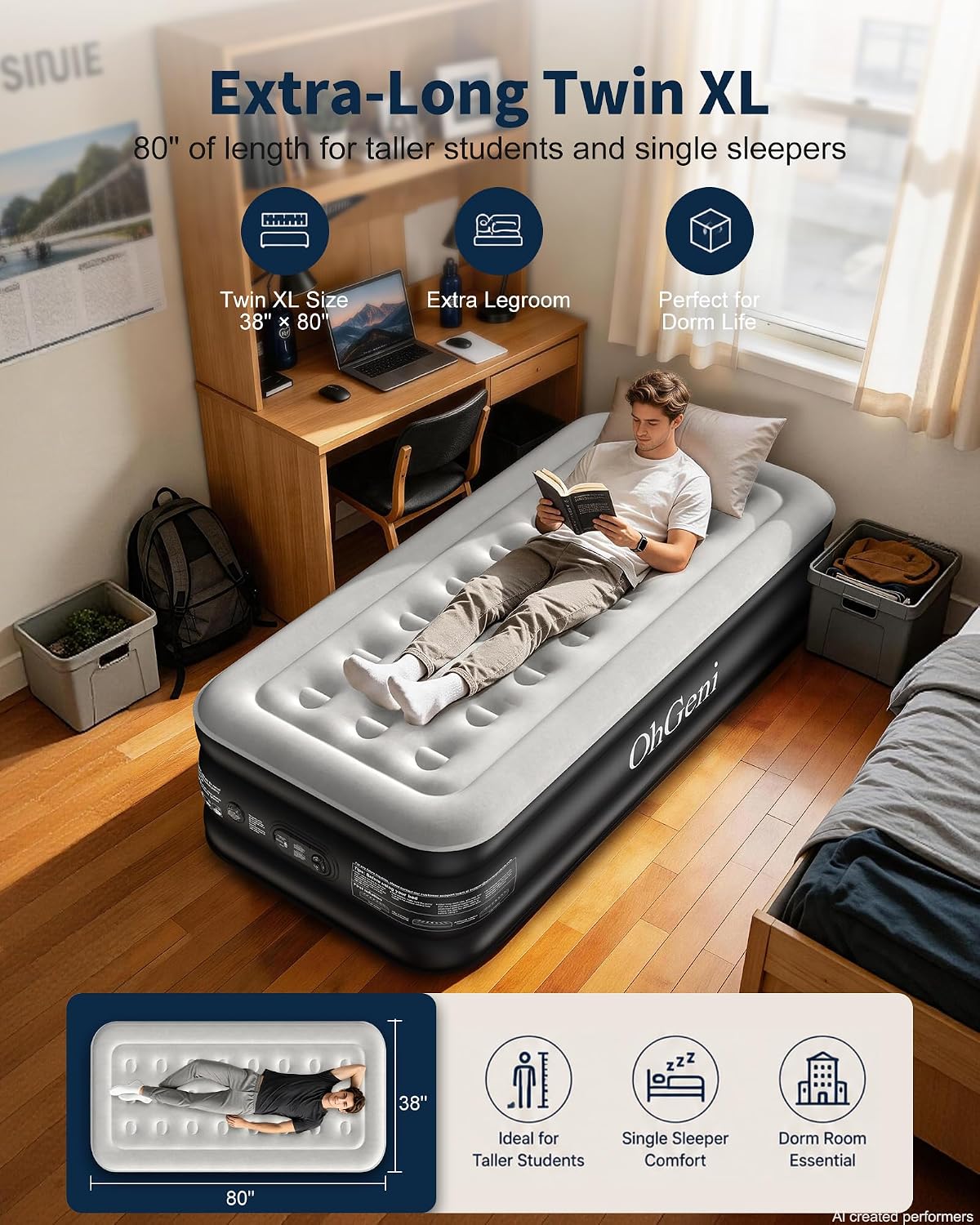 OhGeni 20" Raised Twin XL Air Mattress with Built in Pump, Inflatable Blow Up Mattress, Upgraded Surface Portable Bed for Home, Camping, Colchone Inflable, Ideal Sleep Solution for Guests, 500lbs Comfort Height 20'' Black Twin XL
