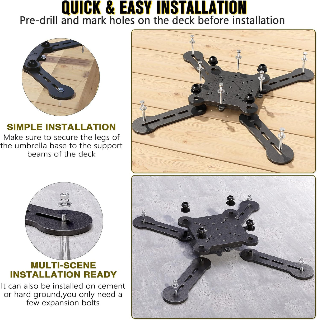 Cantilever Umbrella Base Adjustable 4-Arm Heavy Duty Stainless Steel Offset Patio Umbrella Mount Bracket with Multi Mount Holes for Deck Balcony Garden Backyard