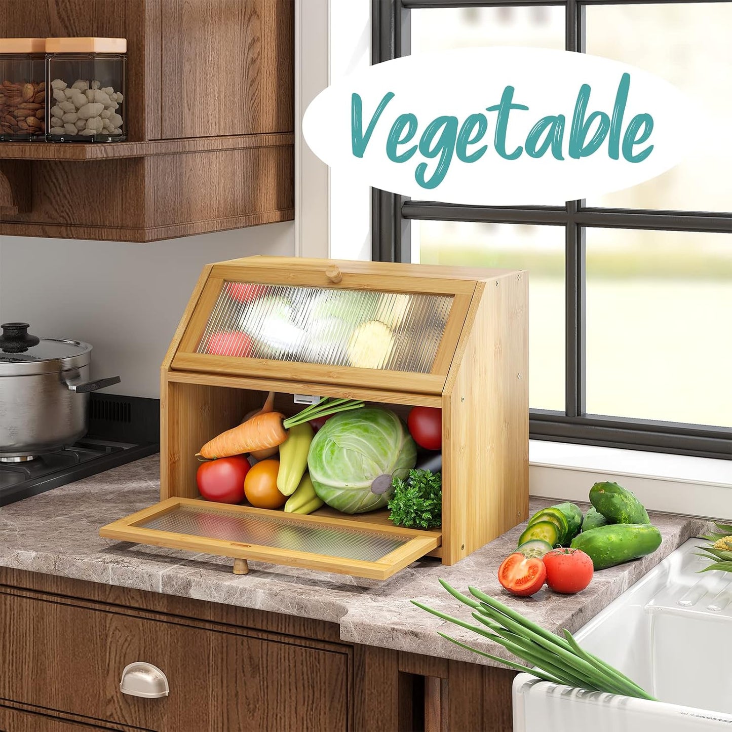 Bread Box for Kitchen Counter, Large Bamboo Wood Double Layer Bread Box, Wooden Bread Storage Capacity Natural Large