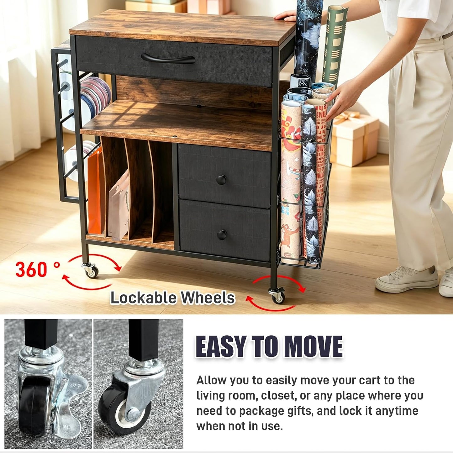 Wrapping Paper Storage Cart, Rolling Gift Wrap Station with 3 Drawers & Side Holders, Wrapping Paper Organizer Holder with Wheels for Gift Bags, Ribbons, Wrapping Supplies