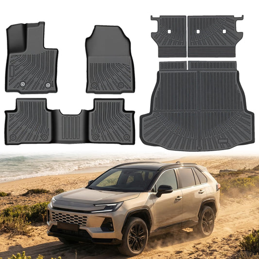 Car Floor Mats for 2026 Toyota RAV4 Hybrid All Weather TPE Trunk Cargo Liner with 2nd Row Backrest Protectors Full Set Waterproof Custom Fit Protect Factory Carpet RAV4 2026 Accessories