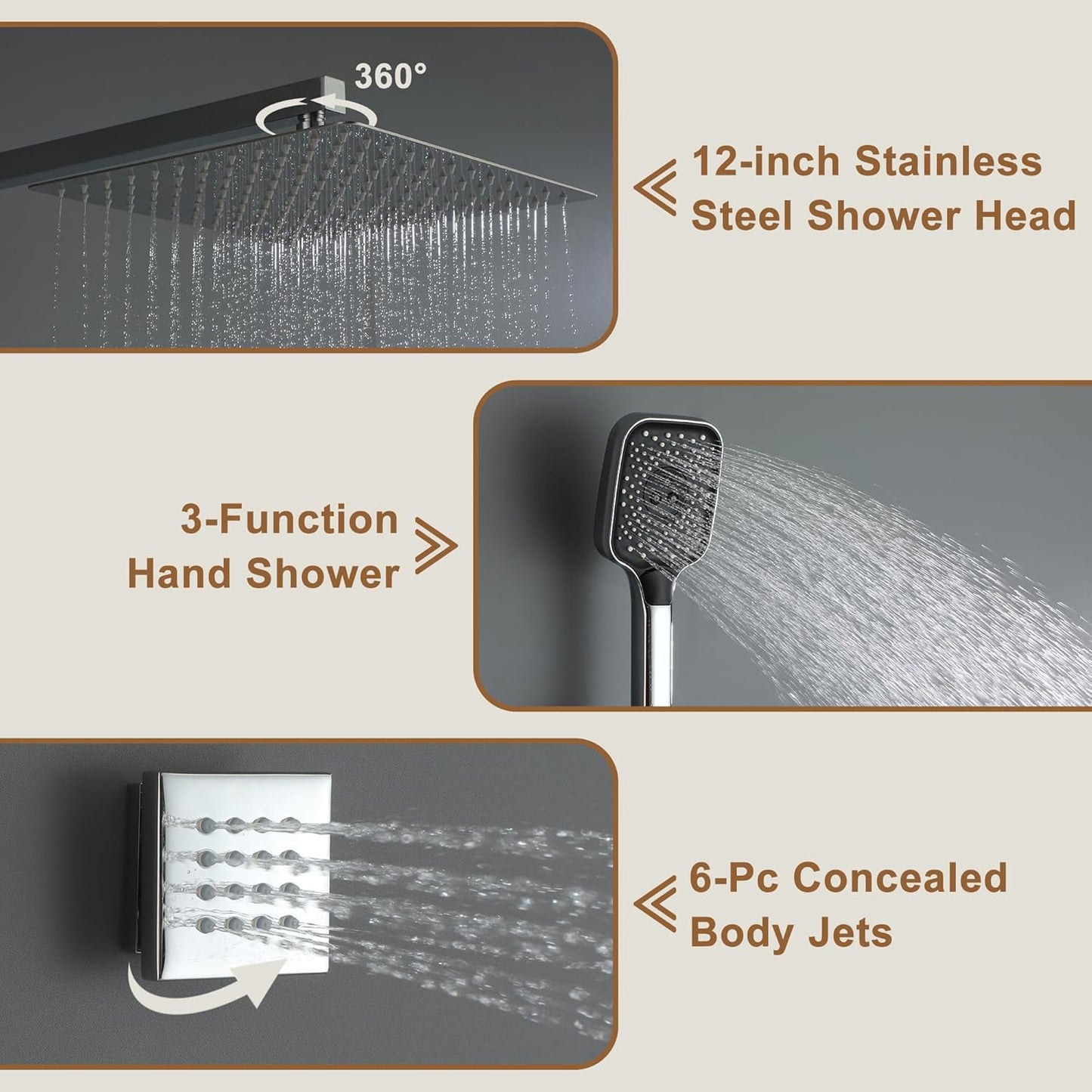 Thermostatic Shower System with 6 Body Jets, 12 Inch Wall Mount 3 Function Rain Shower with Handheld Spray Brass Shower Faucet Set Full Body Luxury